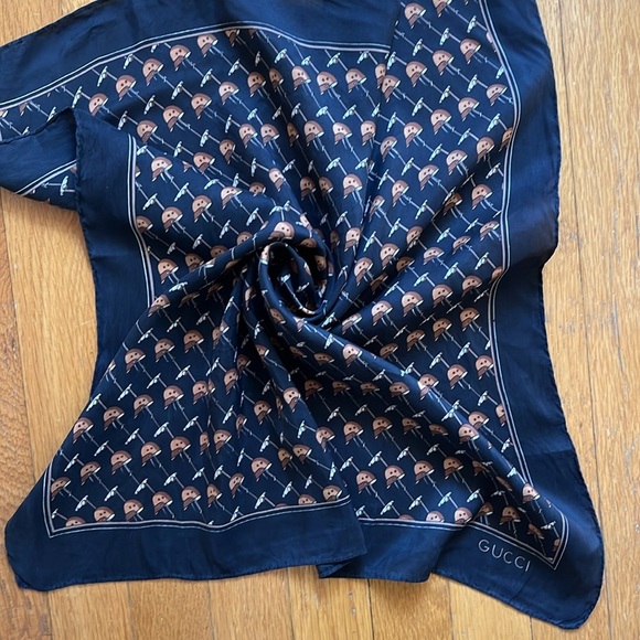 Vintage Gucci Polo Motif Silk Scarf in Black Brown and Tan - Picture 9 of 10